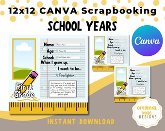 12x12 CANVA Scrapbooking Template, Scrapbook Layout, School Years, Photo Collage Page, Digital Scrapbook Template Editable in Canva