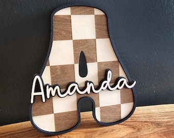 Wood Nursery Letters, Checkered Initial, Boho Name Sign, Groovy Kids Room, Kids Retro Door Sign, Girls Room Sign, Boys Room Decor