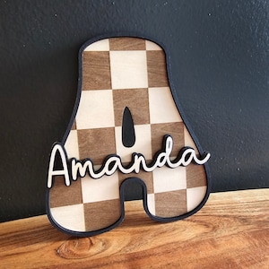 Wood Nursery Letters, Checkered Initial, Boho Name Sign, Groovy Kids Room, Kids Retro Door Sign, Girls Room Sign, Boys Room Decor