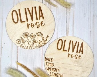 Engraved Baby Name Sign, Wooden Name Sign, Baby Name Plaque, Name Announcement Plaque, Wildflower Nursery Decor, Newborn Photo Prop