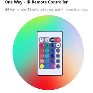 May include: A white IR remote controller with 24 keys, 16 color options, and 4 modes. The remote has buttons for red, green, blue, and white, along with flash, strobe, fade, and smooth settings. The background is a colorful gradient.