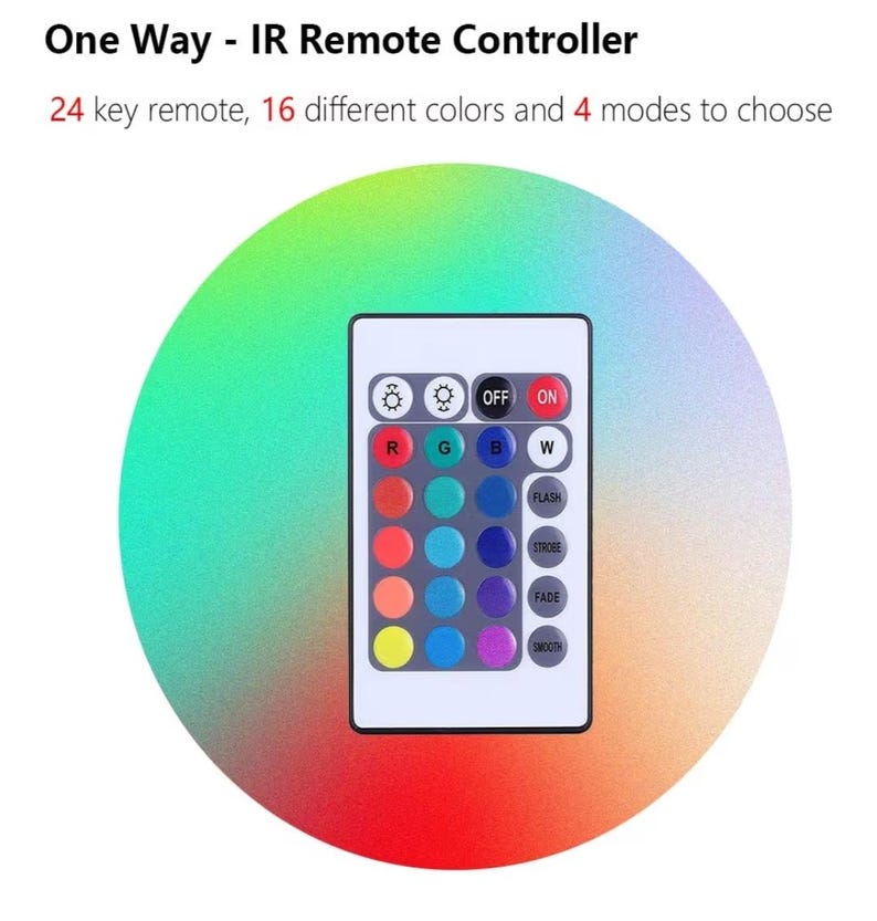 May include: A white IR remote controller with 24 keys, 16 color options, and 4 modes. The remote has buttons for red, green, blue, and white, along with flash, strobe, fade, and smooth settings. The background is a colorful gradient.