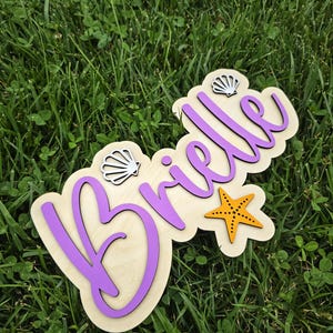 May include: Wooden sign with the name "Brielle" in purple script, accented with a starfish and two seashell cutouts. The sign is set against a background of green grass.
