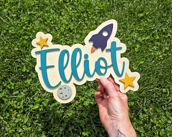 Space Name Sign, Personalized Kids Door Sign, Space Theme Decor, Rocket Ship Sign, Kids Door Name Sign, Bedroom Name Sign, Custom Door Sign