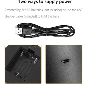 May include: Image showing two power options for a base. The first option is a USB charger cable. The second option is 3xAAA batteries. The text reads "Two ways to supply power".