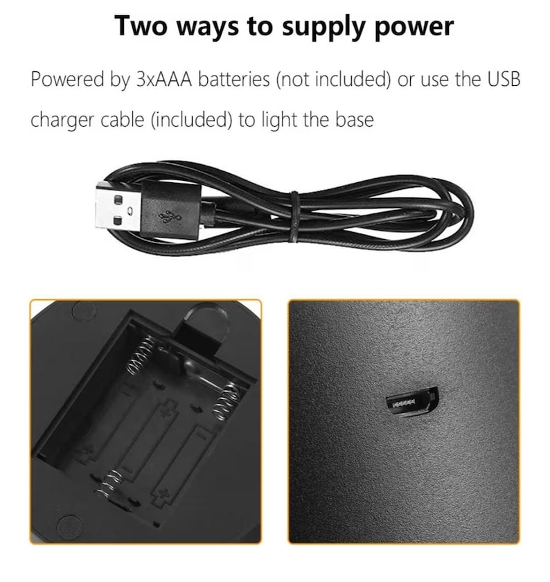 May include: Image showing two power options for a base. The first option is a USB charger cable. The second option is 3xAAA batteries. The text reads "Two ways to supply power".