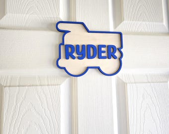 Kids Dump Truck Name Sign, Boys Construction Truck Wall Art, Kids Bedroom Door Hanger, Boys Dump Truck Nursery Decor, Kids Door Name Sign