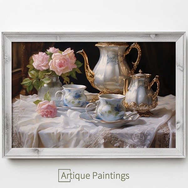 Vintage Tea Time Sill Life Painting 1 | Oil Painting | Vintage Art | Digital Art | Still Life Art | Tea Time Painting | Digital Download