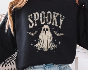 Retro Spooky Halloween Sweatshirt Vintage Halloween Ghost Sweater for Women Spooky Season Crewneck Cute Ghost Sweatshirt Halloween Gift Bats