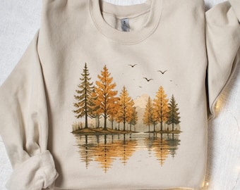 Vintage Autumn Lake Sweatshirt Fall Nature Sweater Cozy Forest Crewneck Mountain Landscape Shirt Tree Reflection Pullover Outdoor Lover Gift
