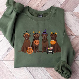 Pode incluir: Camisola verde militar com um gráfico de Halloween. O design apresenta quatro cães castanhos usando acessórios festivos, como chapéus de bruxa e baldes de abóbora. Os cães estão sentados juntos, com as palavras "Trick or Treat" em um balde de doces.
