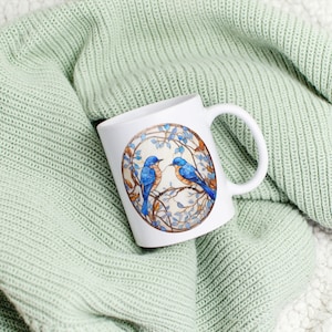 Eastern Bluebird Coffee Cup Blue Bird Mug Stained Glass Bird Mug Twin Bluebirds Birdwatcher Gift Nature Lover Gift For Her Mothers Day Mug
