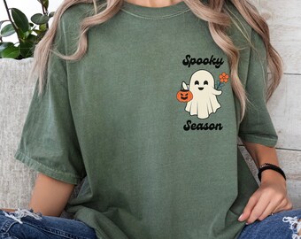 Gruseliges Geist-Hemd Komfortfarben Niedliches Geist-T-Shirt Halloween-Geist-T-Stück für Herbst-Grafik-T-Stück Retro Halloween-Hemd Gruselige Jahreszeit Herbstgeschenk