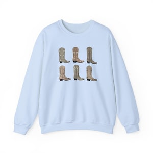 Retro Western Cowgirl Sweatshirt Cowgirl Shirt Country Western Sweater Country Concert Crewneck Cowboy Boot Shirt Vintage Western Gift Boots Light Blue