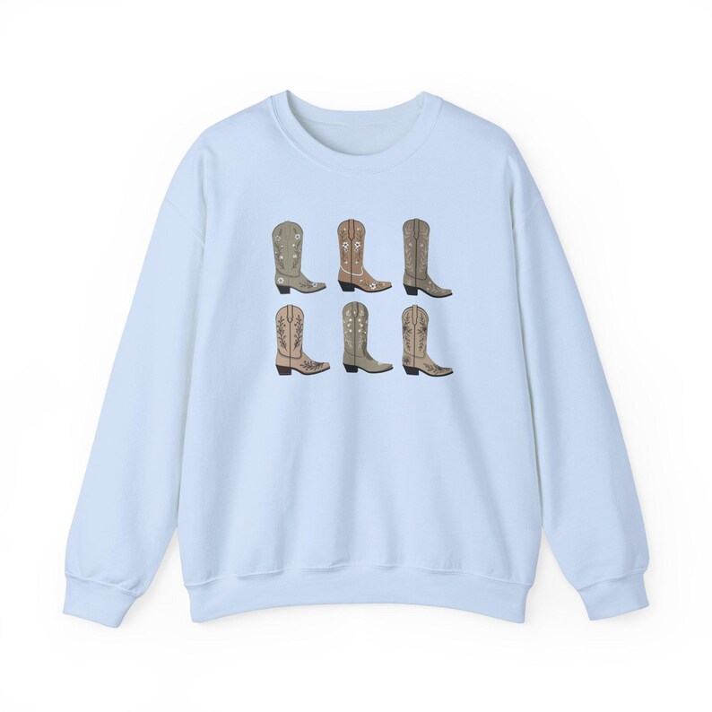 Retro Western Cowgirl Sweatshirt Cowgirl Shirt Country Western Sweater Country Concert Crewneck Cowboy Boot Shirt Vintage Western Gift Boots Light Blue