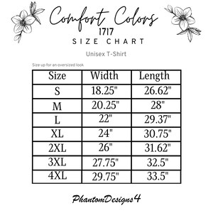 May include: Size chart for a unisex t-shirt from Comfort Colors, showing width and length measurements in inches for sizes S through 4XL.