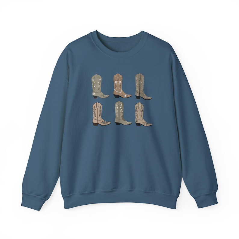 Retro Western Cowgirl Sweatshirt Cowgirl Shirt Country Western Sweater Country Concert Crewneck Cowboy Boot Shirt Vintage Western Gift Boots Indigo Blue