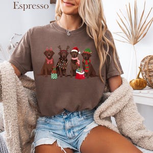 Op de afbeelding: Espresso-kleurig T-shirt met een feestelijk ontwerp van vijf bruine Labrador Retrievers in kerstkleding. Elke hond draagt een ander vakantieaccessoire, waaronder geweien, een kerstmuts en sjaals. Het shirt wordt gecombineerd met een spijkerbroek.