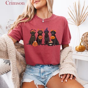 May include: Crimson-colored t-shirt featuring a Halloween-themed graphic of four black Labrador Retrievers. Each dog is dressed in a costume, holding a pumpkin or a cauldron. The shirt is paired with denim shorts.