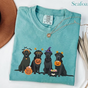 May include: Seafoam green t-shirt featuring a graphic of four black Labrador Retrievers dressed in Halloween costumes. The dogs are wearing witch hats, pumpkin headbands, and holding trick-or-treat buckets. The shirt has a Comfort Colors tag.