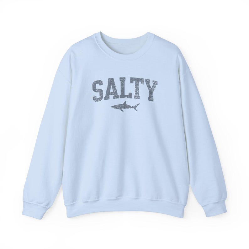 Vintage Salty Sweatshirt Shark Sweatshirt Cute Shark Shirt Retro Summer Crewneck Women Trendy Beach Shirt Vacation Sweater Shark Lover Gift Light Blue
