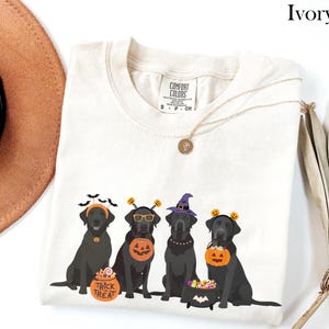 May include: Ivory-colored t-shirt featuring four black Labrador Retrievers dressed in Halloween costumes. The dogs wear witch hats, pumpkin headbands, and carry trick-or-treat buckets. The shirt has the text "Trick or Treat".
