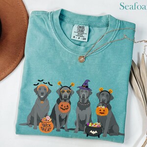 May include: Seafoam green t-shirt featuring four cartoon dogs dressed in Halloween costumes. The dogs are wearing witch hats, pumpkin headbands, and holding trick-or-treat buckets. The text "Trick or Treat" is on a pumpkin.