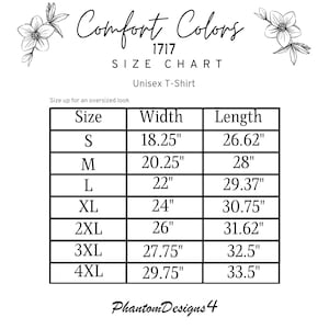 以下が含まれることがあります： Comfort Colors 1717 のユニセックス T シャツのサイズチャート。チャートは、サイズ S、M、L、XL、2XL、3XL、4XL の幅と長さをインチで示しています。