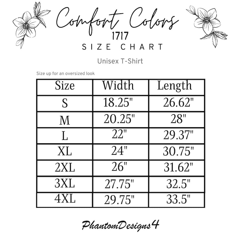 以下が含まれることがあります： Comfort Colors 1717 のユニセックス T シャツのサイズチャート。チャートは、サイズ S、M、L、XL、2XL、3XL、4XL の幅と長さをインチで示しています。