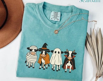 Retro koe Halloween-shirt Ghost Cow T-shirt schattig herfst Graphic Tee Country Western Halloween T-shirt Spooky Cow T-shirt koe minnaar cadeau voor haar