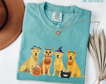 Camiseta de Halloween con labrador amarillo, camiseta de otoño con labrador retriever, camiseta de Halloween con perro, linda camiseta con perro fantasma, regalo amarillo para mamá labrador, camiseta para mamá labrador
