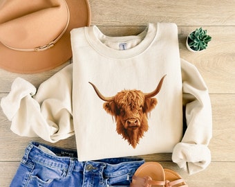 Unisex Highland Cow Sudadera Escocesa Vaca Crew Cuello Vaca Sudadera Regalo para los amantes de las vacas Tire sobre la sudadera country Western Crewneck Moo