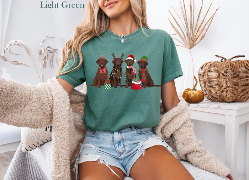 Op de afbeelding: Lichtgroen T-shirt met vier bruine Labrador Retrievers met kerstaccessoires. Elke hond heeft een uniek vakantieontwerp, waaronder een kerstmuts en sjaals. Het shirt is een comfortabele, casual stijl.