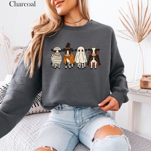 May include: Charcoal-colored sweatshirt featuring a Halloween-themed graphic of four cows dressed as a mummy, witch, ghost, and vampire. The sweatshirt is a dark gray color and has long sleeves. The word "Charcoal" is printed at the top.