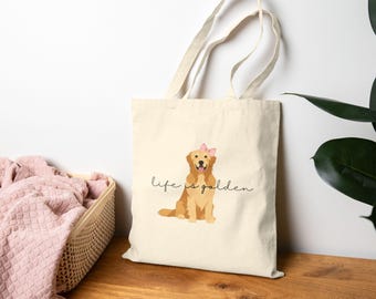 Golden Retriever Tote Bag Life is Golden Canvas Tote Bag Golden Mom Reusable Shopping Bag Dog Weekender Bag Golden Retriever Gifts for Owner
