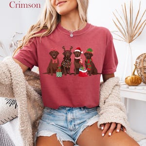 Op de afbeelding: Karmizijnrood T-shirt met vier bruine Labradors in feestelijke kerstoutfits. De honden dragen feestelijke accessoires zoals geweien, kerstmutsen en sjaals. Cadeaus en een kerstzak zijn ook inbegrepen.