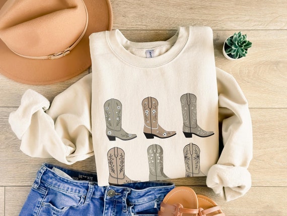 Retro Western Cowgirl Sweatshirt Cowgirl Shirt Country Western Sweater Country Concert Crewneck Cowboy Boot Shirt Vintage Western Gift Boots