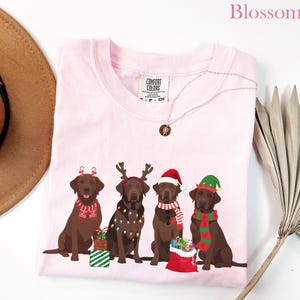 Op de afbeelding: Een lichtroze T-shirt met een afbeelding van vier bruine Labrador Retrievers met kerstaccessoires. De honden dragen kerstmutsen, rendiergeweien en elfenmutsen. Het woord "Blossom" staat bovenaan.