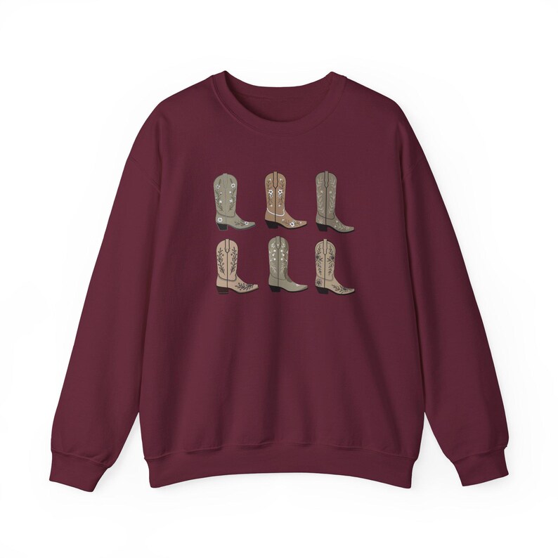 Retro Western Cowgirl Sweatshirt Cowgirl Shirt Country Western Sweater Country Concert Crewneck Cowboy Boot Shirt Vintage Western Gift Boots Maroon