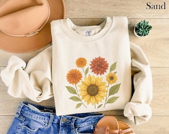 Sudadera vintage de girasol, suéter con flores de otoño, camisa retro de cuello redondo con flores silvestres para mujer, regalo de otoño para jardinero, regalo para mamá