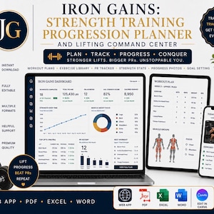May include: A digital strength training progression planner displayed on a laptop, tablet, and smartphone. The dashboard shows workout statistics, charts, and exercise logs. Text includes IRON GAINS: STRENGTH TRAINING PROGRESSION PLANNER.