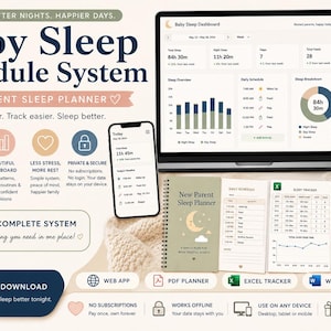 以下が含まれることがあります： ベビー睡眠スケジュール管理システム。ダッシュボードを表示したノートパソコン、スマートフォン、スパイラル綴じのプランナー、印刷されたトラッキングシートが含まれています。テキストには「Baby Sleep Schedule System」「New Parent Sleep Planner」などが記載されています。