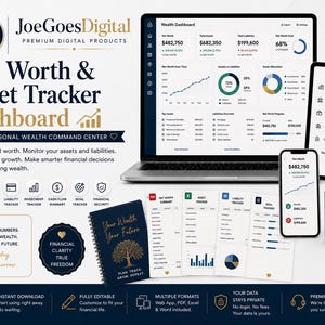 Könnte beinhalten: Ein digitales Dashboard zur Verfolgung von Nettovermögen und Vermögenswerten auf einem Laptop, Tablet und Smartphone. Das Set enthält ein Notizbuch mit Spiralbindung, vier gedruckte Tracker-Blätter und eine dunkelblaue Tasse mit goldenem Text.