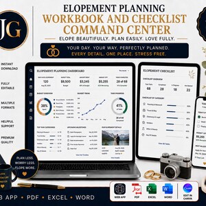 May include: An elopement planning workbook and checklist command center displayed on a laptop, tablet, and smartphone screen. The digital interface shows budget trackers, task progress charts, and checklists. Includes a notebook, mug, and camera.