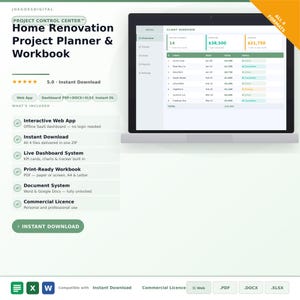 Controlecentrum voor huisrenovatieprojecten — Webapp, PDF, Excel en Word | Checklist voor de planning van huisrenovatieprojecten