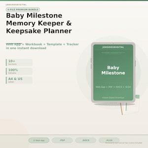 May include: A digital Baby Milestone Memory Keeper & Keepsake Planner bundle by JOEGOESDIGITAL. Includes a web app, workbook, template, and tracker. Features 10+ sections, 100% editable content, and A4/US Letter sizing. Formats include Web App, PDF, DOCX, and XLSX.