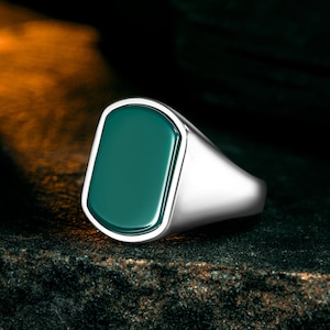 Green Agate Ring, Rectangle Stone Ring, Ring for Men, 925 Sterling Siver Ring, Silver Jewelry, Memorial Gift