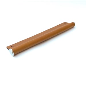 May include: A tan-colored cabinet pull with a rectangular body and rounded end. The pull has a metallic silver end cap and two screw holes for mounting. The hardware is designed for use on drawers or cabinets.