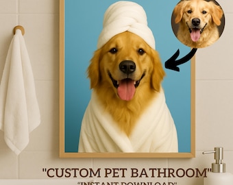Foto de retrato de mascota personalizada, arte divertido para el baño, póster divertido de spa para mascotas, arte de toalla para perros y gatos, regalo personalizado para mascotas, arte mural para perros y gatos