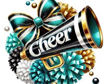 Cheer Cheer Teal Black Gold White, Cheer Megaphone, Cheer Coquette Bow, Cheerleading Design, Cheer Squad Watercolor PNG, Cheerleading PNG